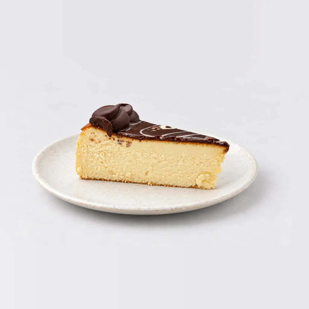 Side view of the Bailey's cheesecake slice showing the pale cheesecake under the thin chocolate layer.