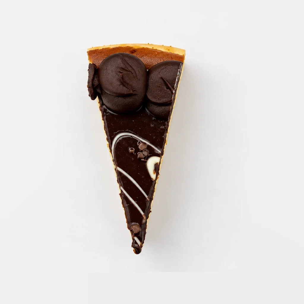 Bailey's cheesecake slice from above: chocolate layer with white chocolate drizzle and chocolate rosettes.