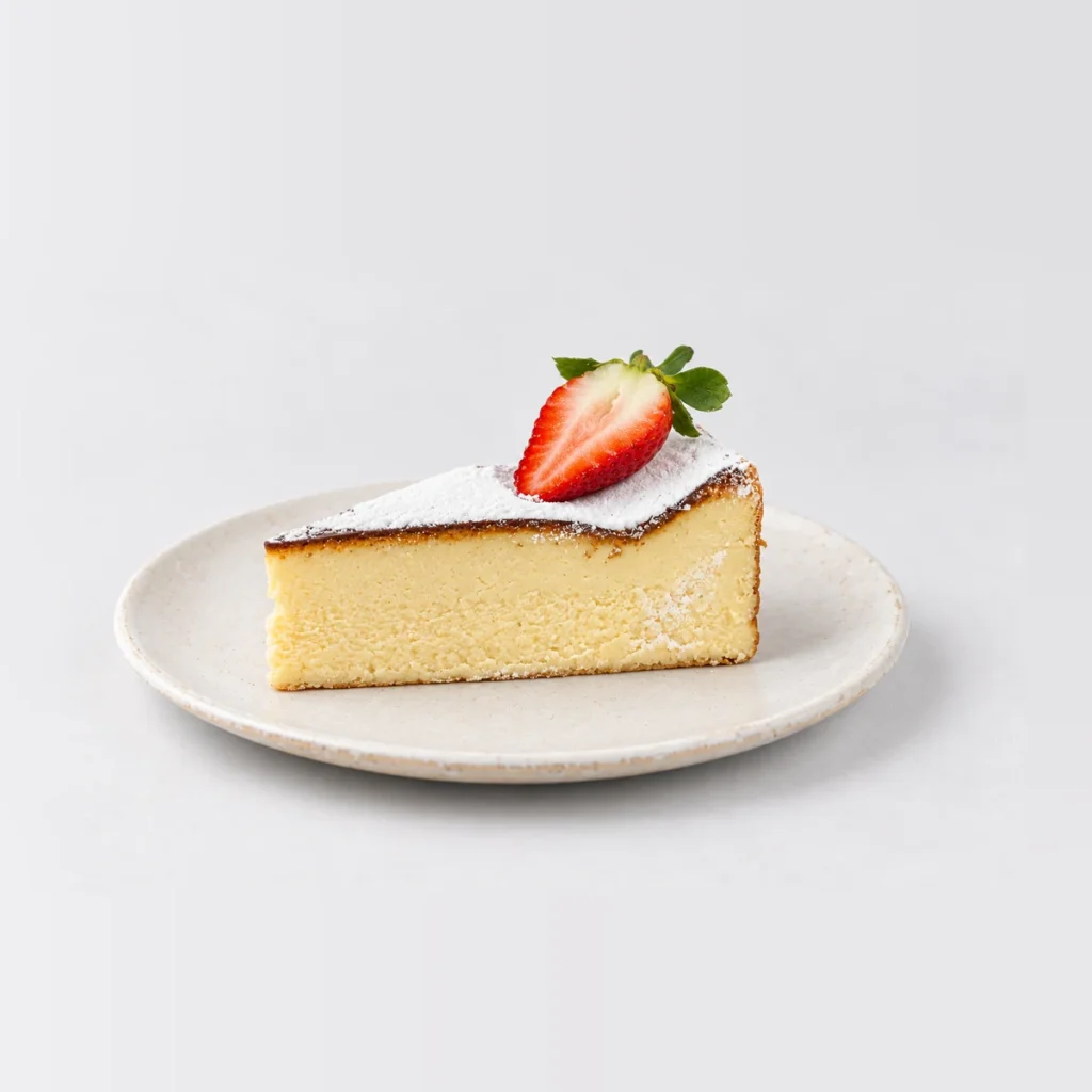 Side view of the Basque cheesecake slice showing the smooth pale cheesecake, with no base.
