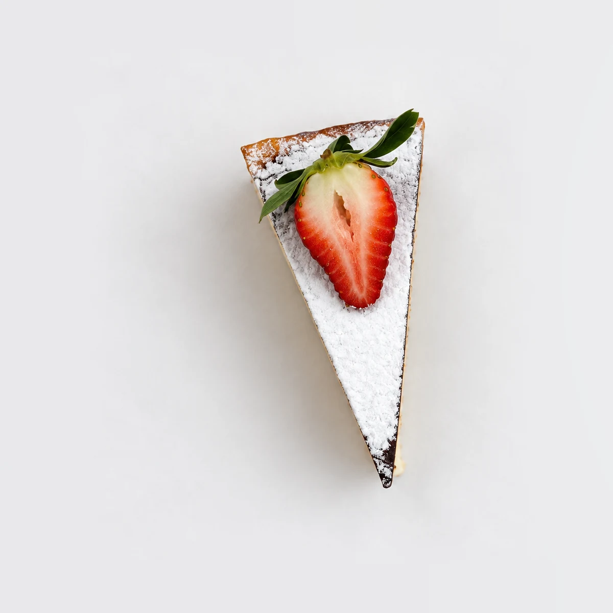Basque cheesecake slice from above, dusted with icing sugar and topped with a halved strawberry.