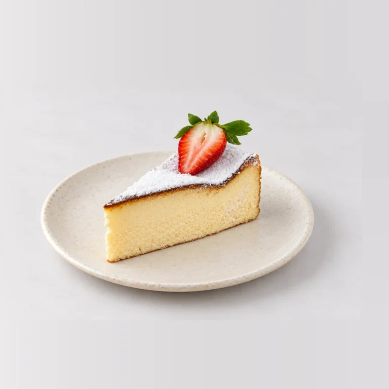Slice of Basque cheesecake with a pale, soft centre, dusted with icing sugar and topped with a strawberry.