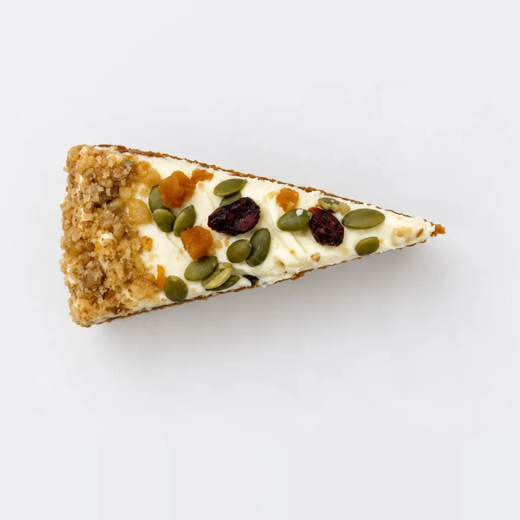 Carrot cake slice from above: cream cheese frosting with dried cranberries, apricot and pumpkin seeds.