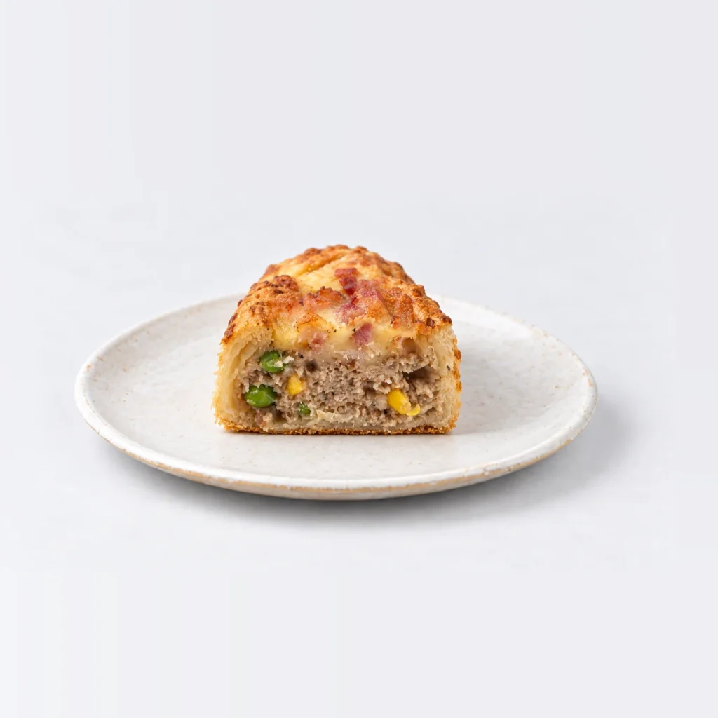 Cheese Bacon Sausage Roll, cut in half
