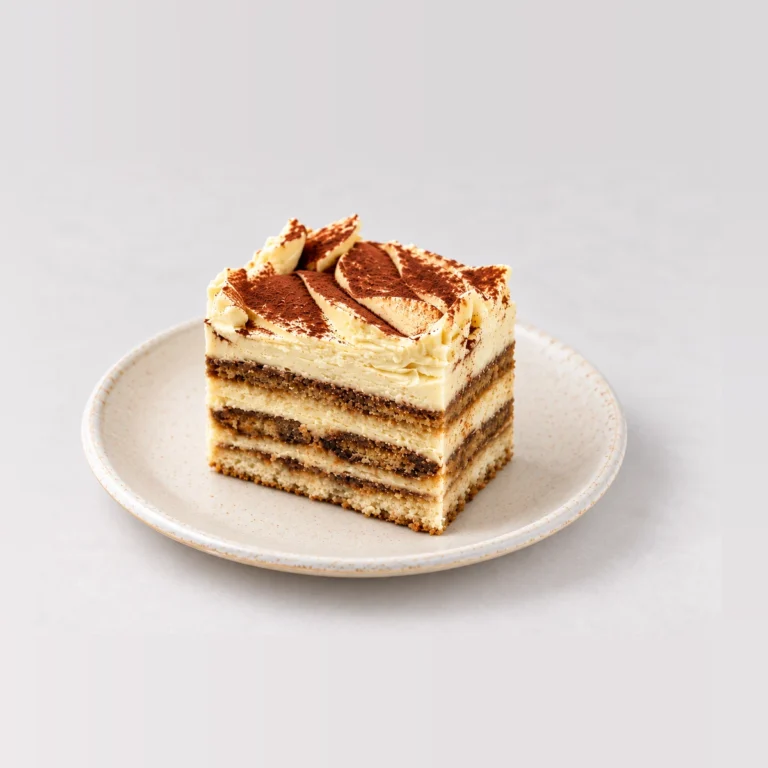 Slice of tiramisu cake: layers of coffee-soaked sponge and tiramisu cream, dusted with cocoa.