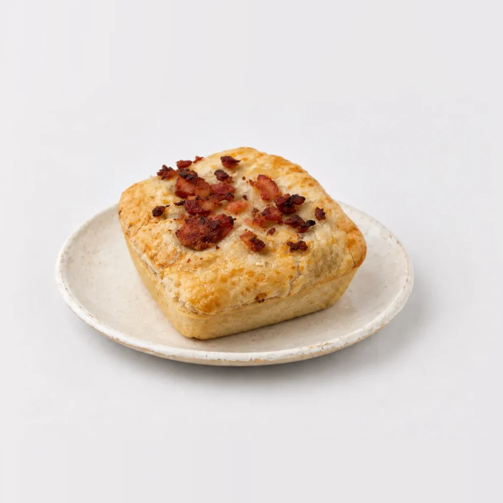 Steak and Bacon Pie, whole on a plate