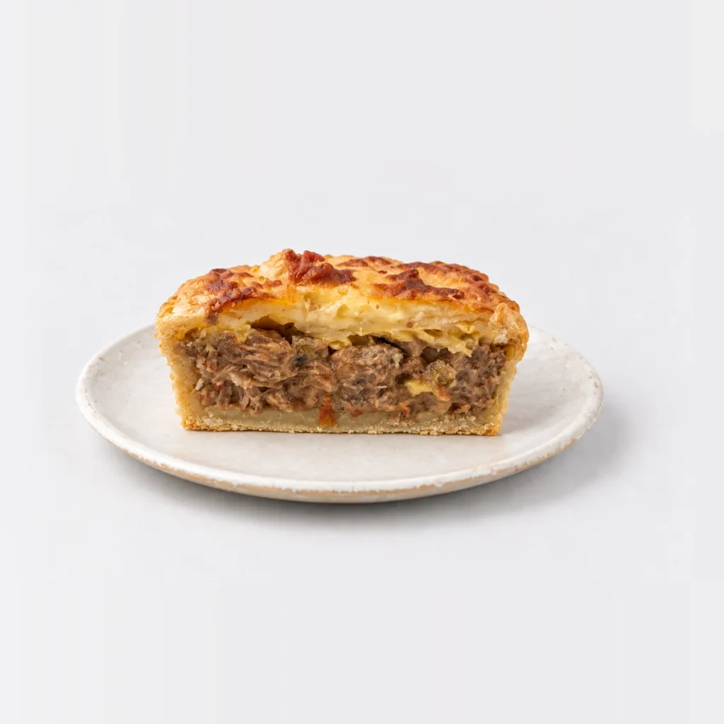 Steak Cheese and Bacon Pie, cut in half