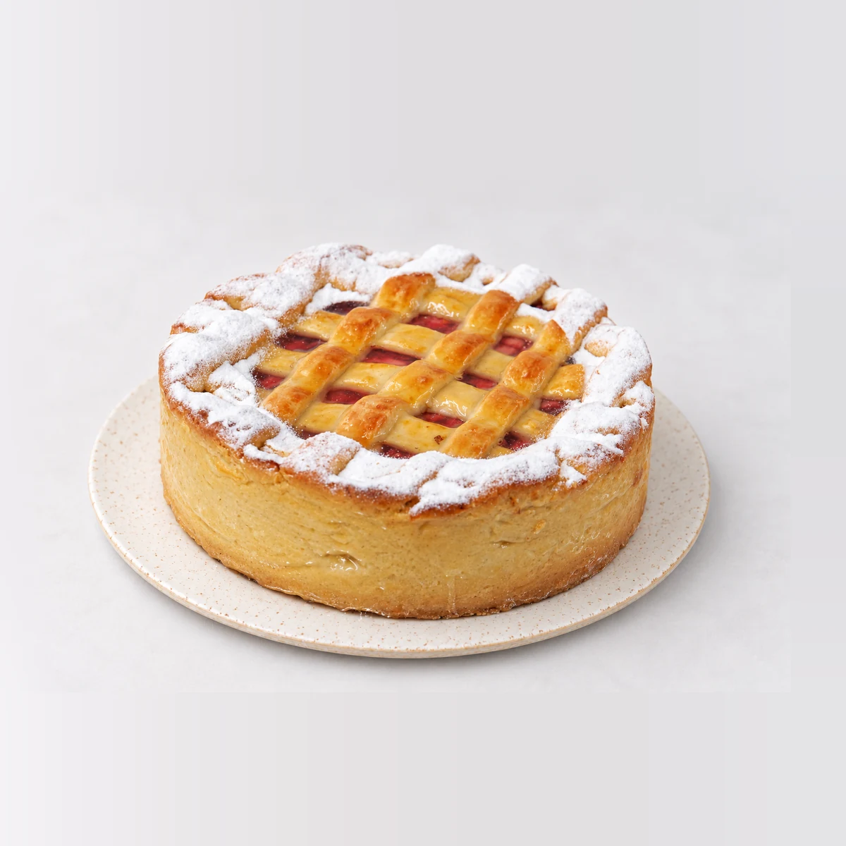 Apple and Rhubarb Tart, whole on a plate