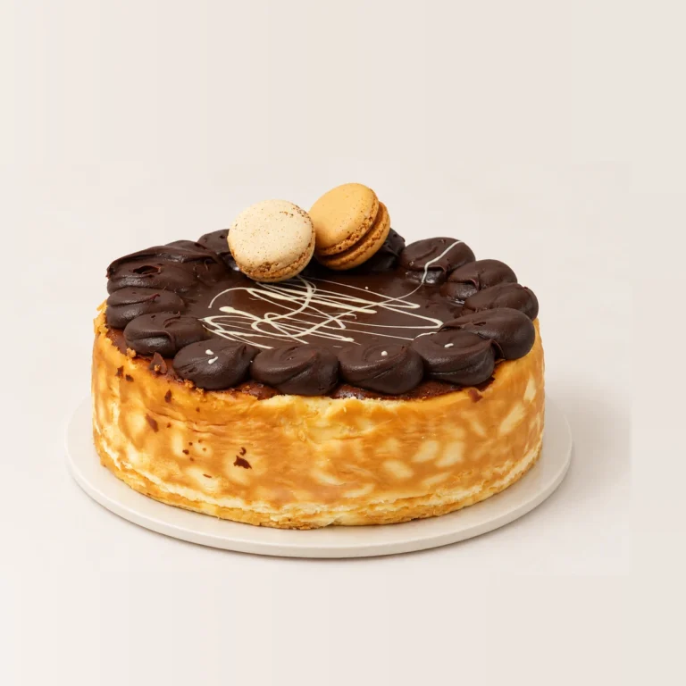Bailey's cheesecake with a thin chocolate layer on top, a ring of chocolate rosettes, a white chocolate drizzle and two macarons.