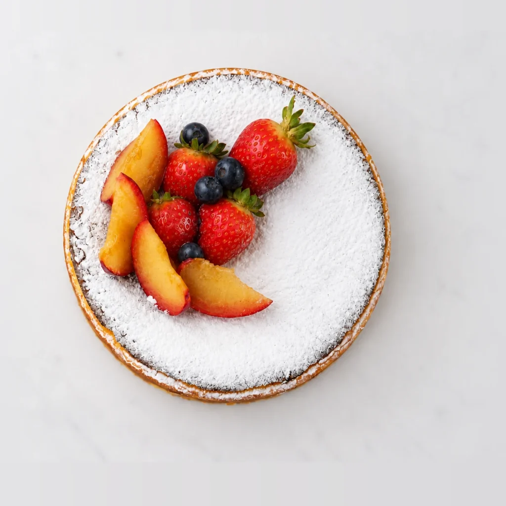 Baked Basque cheesecake from above, dusted with icing sugar with plum slices, strawberries and blueberries on one side.