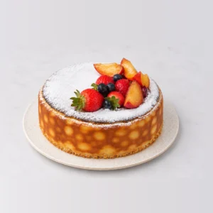 Close-up of the Basque cheesecake's golden, spotted sides and icing-sugar top with fruit.