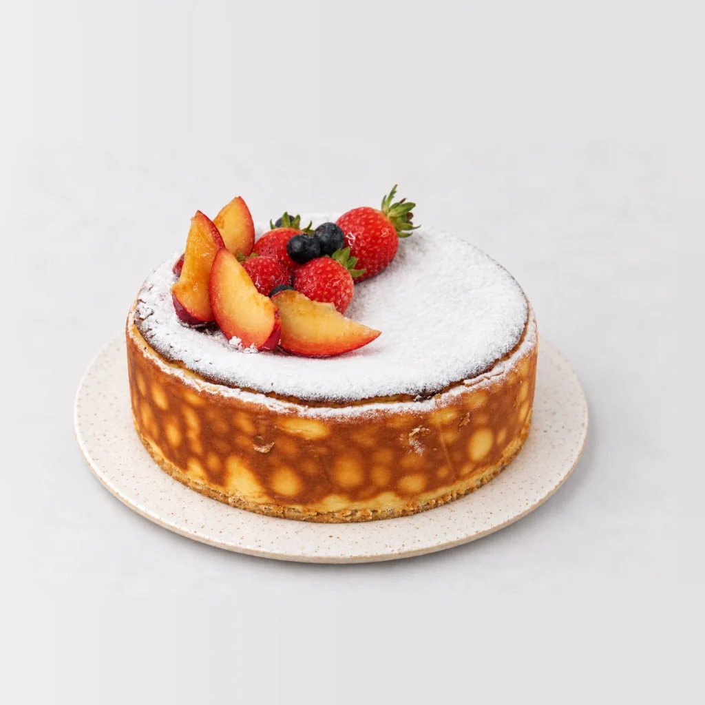Baked Basque cheesecake dusted with icing sugar and decorated with plum slices, strawberries and blueberries.