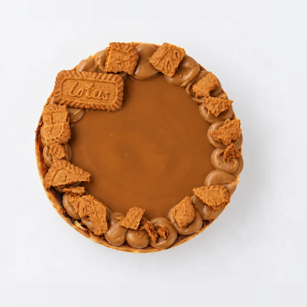 Baked Biscoff cheesecake from above: a smooth Biscoff caramel centre ringed with rosettes and Lotus biscuit pieces.