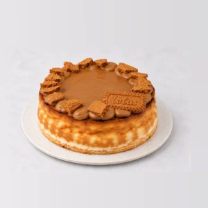 Side view of the baked Biscoff cheesecake showing the pale cream cheese filling under the Biscoff caramel topping.