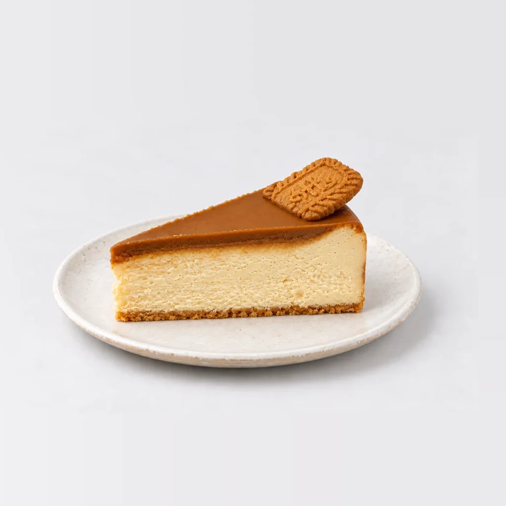 Side view of the Biscoff cheesecake slice: pale cream cheese filling under glossy Biscoff caramel.