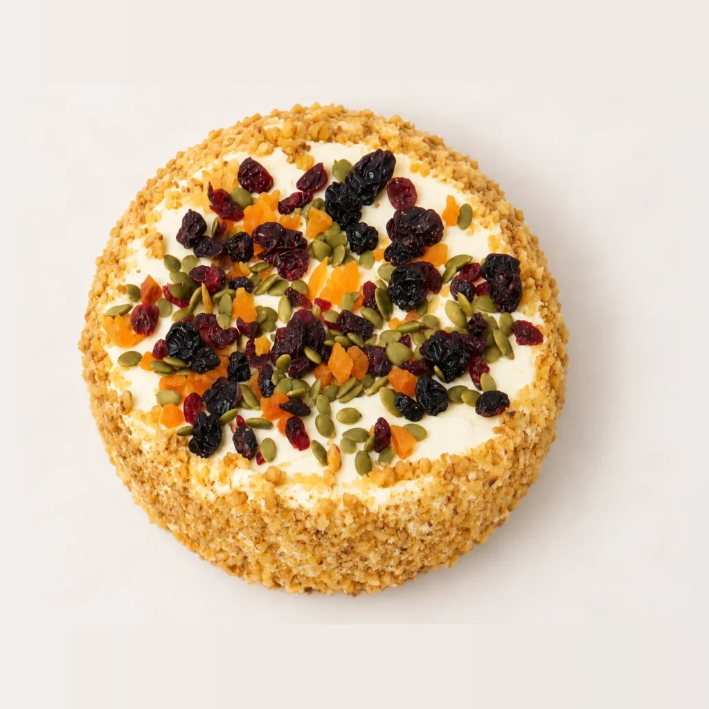 Carrot walnut and orange cake from above: cream cheese frosting covered in dried fruit and seeds, with a ring of chopped nuts.