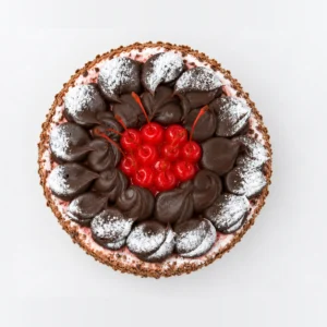 Cherry Ripe cake from above: chocolate ganache rosettes dusted with icing sugar around a cluster of red maraschino cherries.
