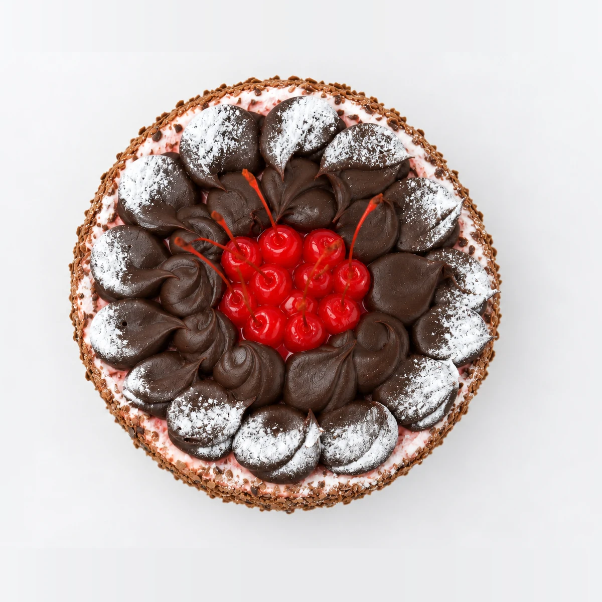 Cherry Ripe cake from above: chocolate ganache rosettes dusted with icing sugar around a cluster of red maraschino cherries.