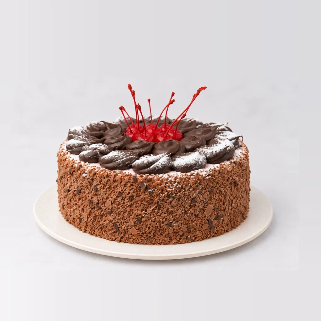 Side view of the Cherry Ripe cake with chocolate-crumb sides, ganache rosettes and red cherries.