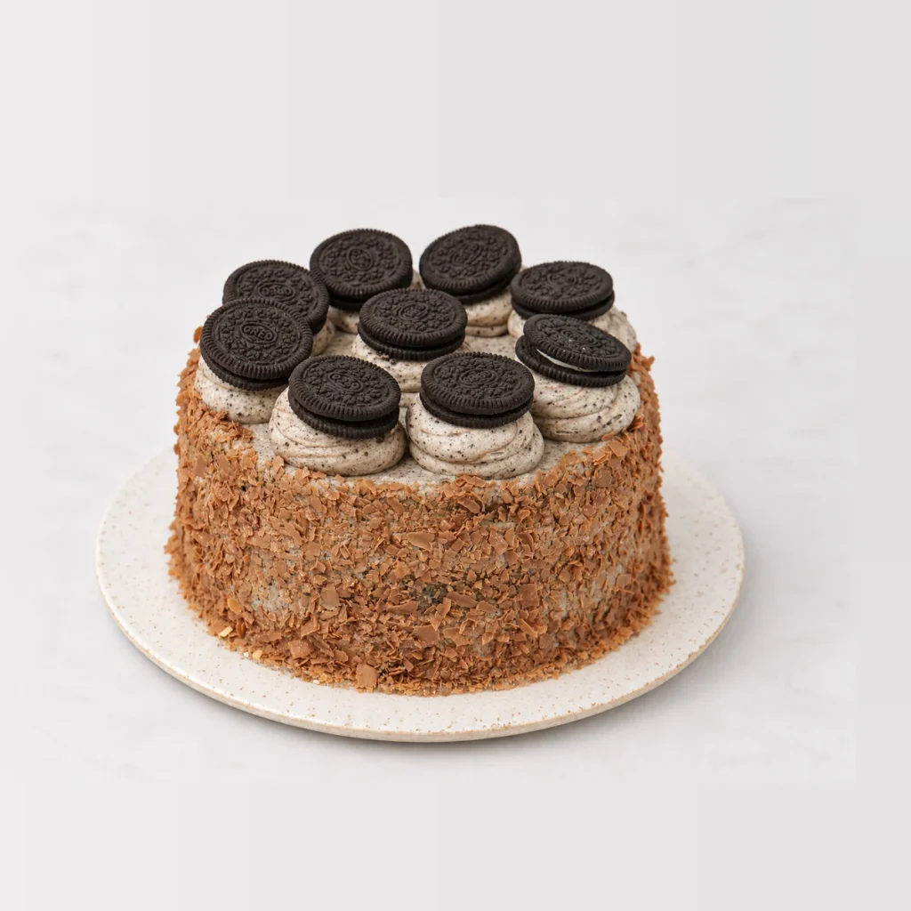 Chocolate Oreo Cake, whole on a plate