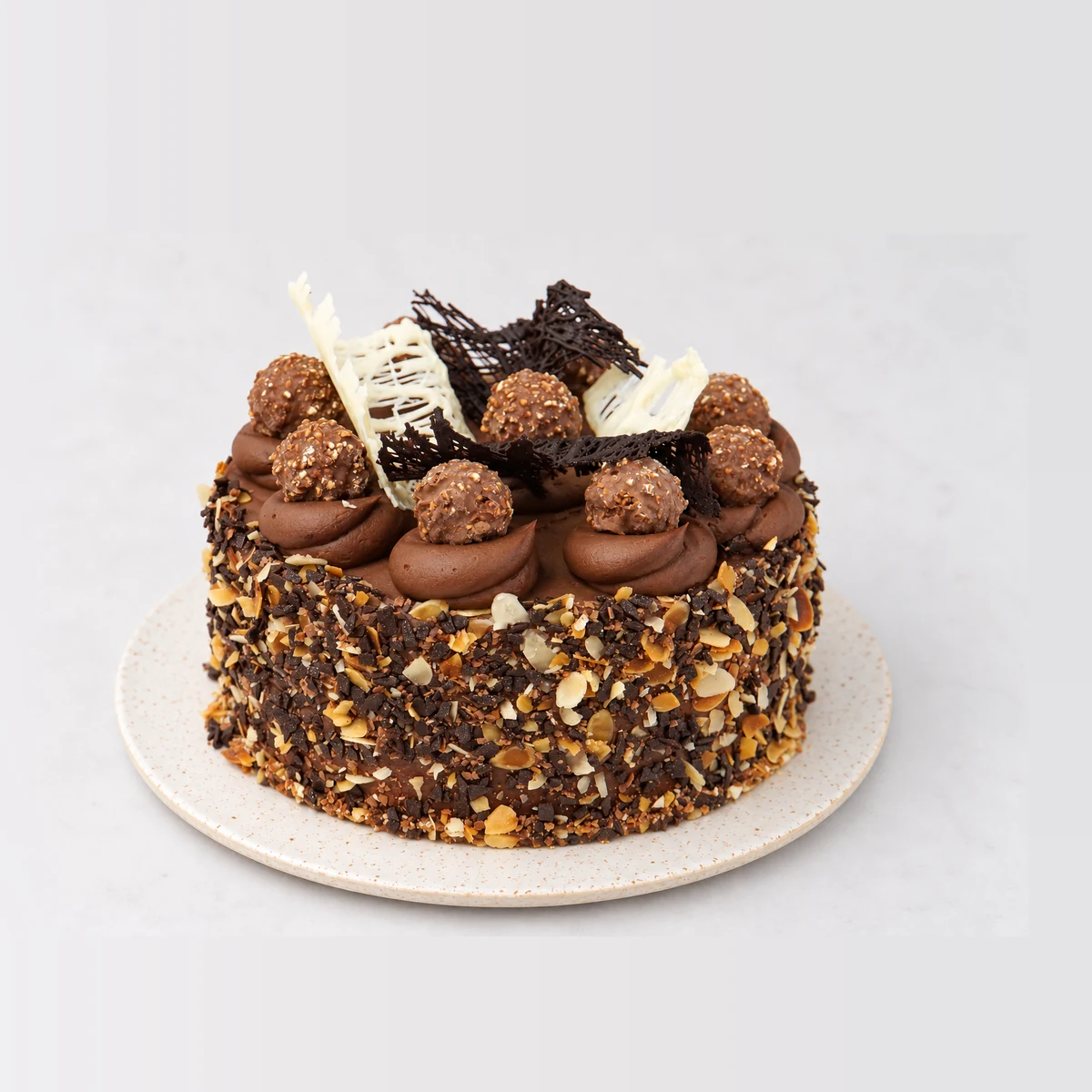Ferrero Rocher Cake, whole on a plate