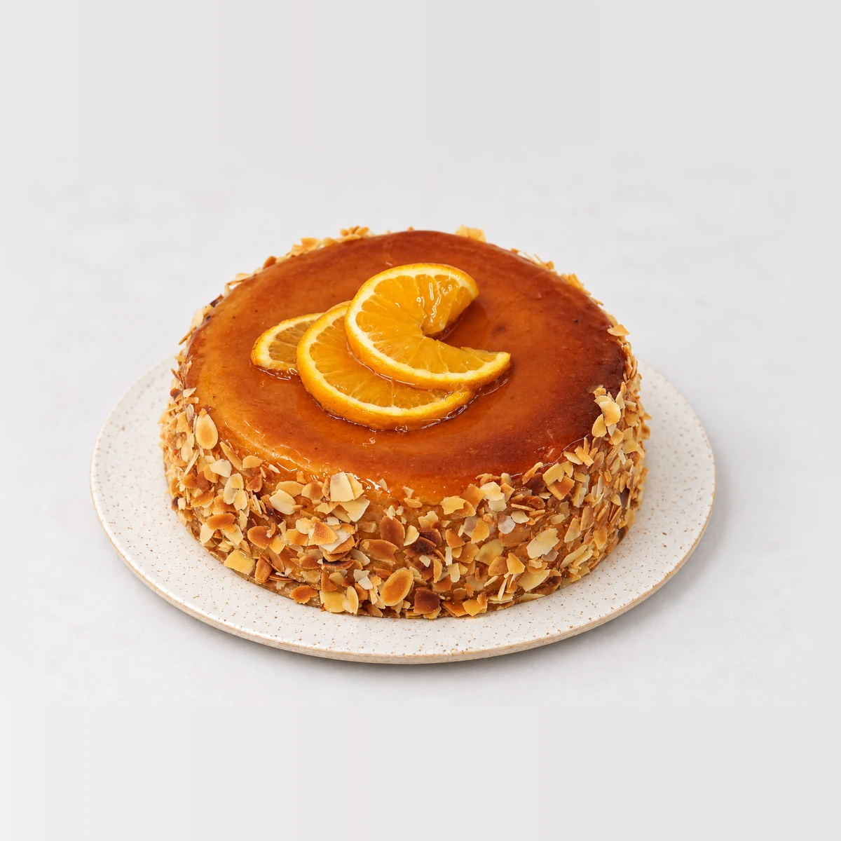Flourless Orange Cake, whole on a plate