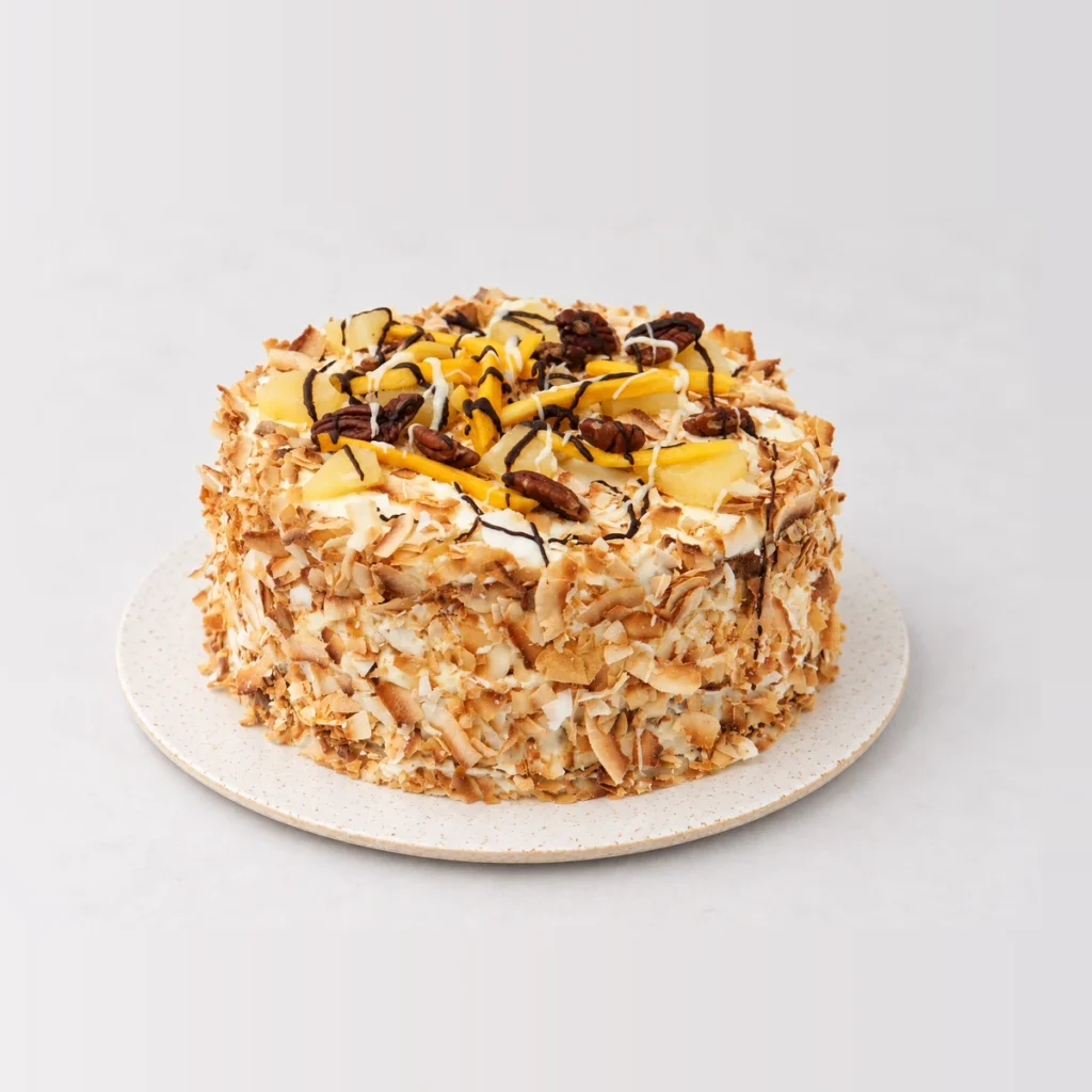 Hummingbird Cake, whole on a plate