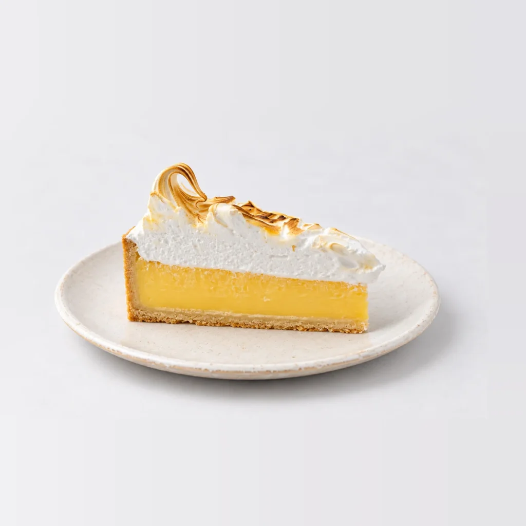 Side view of the lemon meringue slice with lemon curd, shortcrust and caramelised meringue peaks.