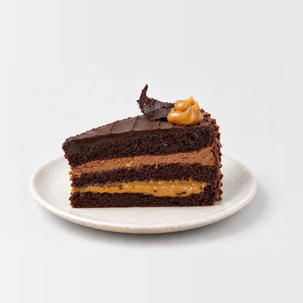 Side view of the Marz Bar cake slice showing chocolate cake, chocolate mousse and a caramel layer under the ganache.