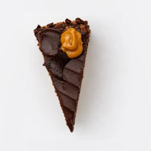 Marz Bar cake slice from above: chocolate ganache with a chocolate shard and a caramel dollop.