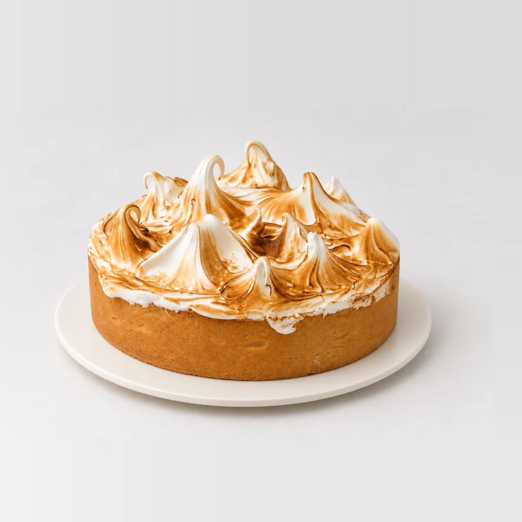 Side view of the lemon meringue tart with caramelised meringue peaks above the pastry case.