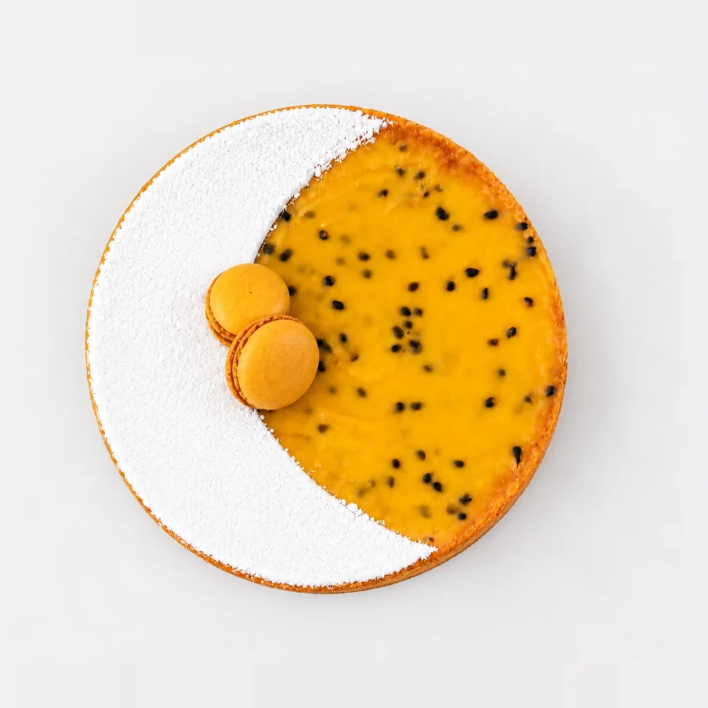 Passionfruit tart from above: a crescent of icing sugar beside glossy passionfruit curd with seeds and two macarons.
