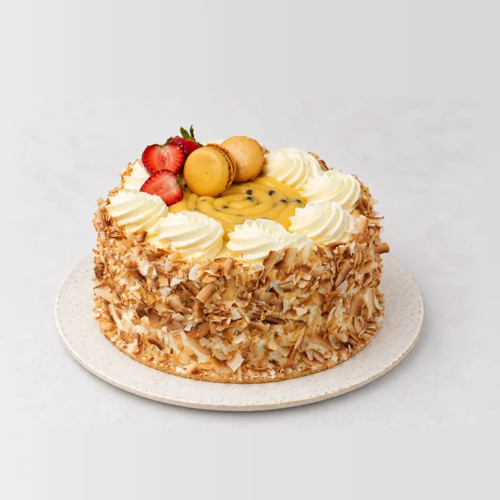 Passionfruit Sponge, whole on a plate