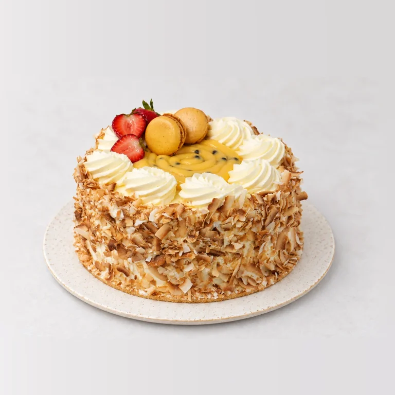 Passionfruit Sponge, whole on a plate
