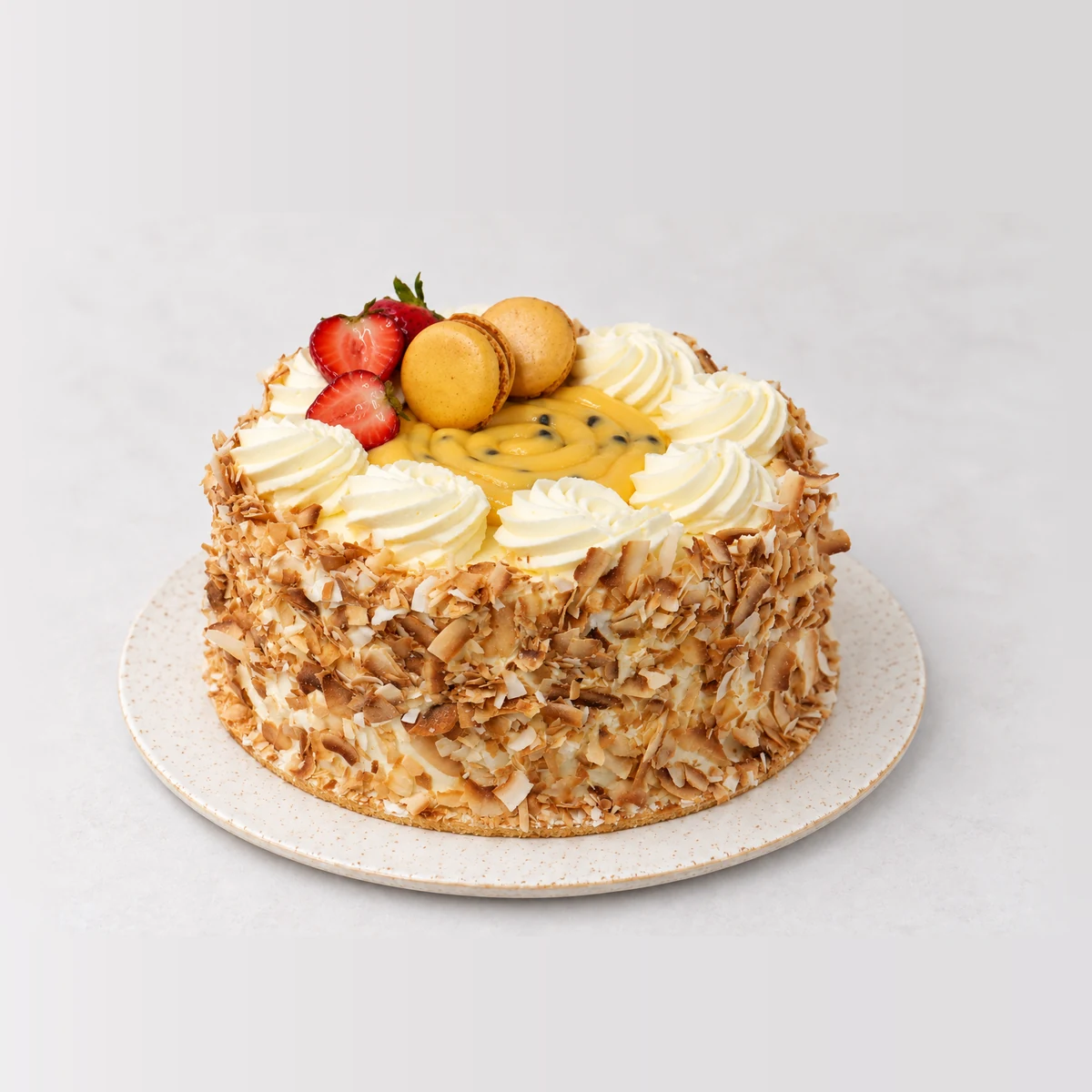 Passionfruit Sponge, whole on a plate