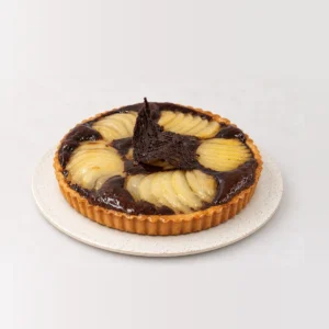 Pear and Chocolate Tart, whole on a plate