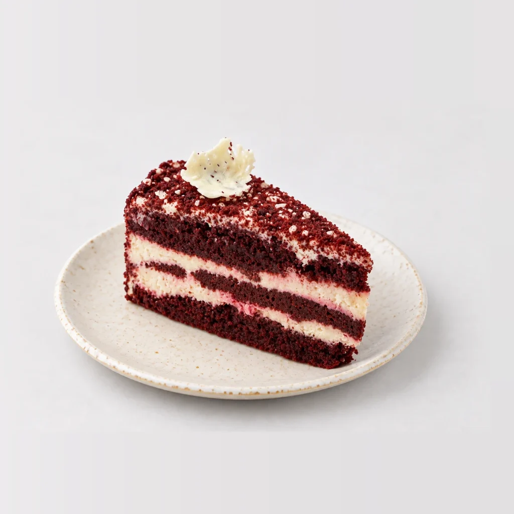 Slice of red velvet cake with two layers of cream cheese filling, red velvet crumb on top and a white chocolate curl.