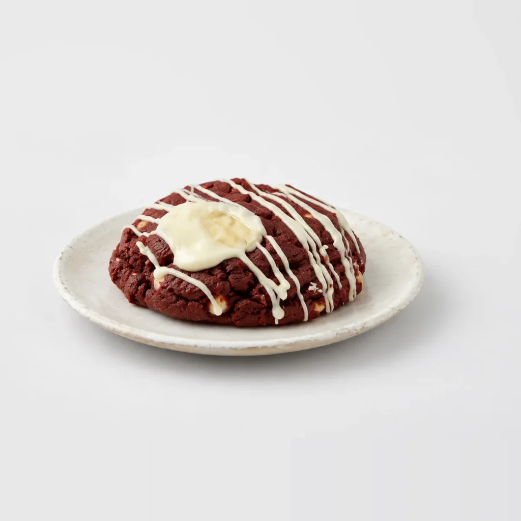 Red Velvet Cookie, whole on a plate