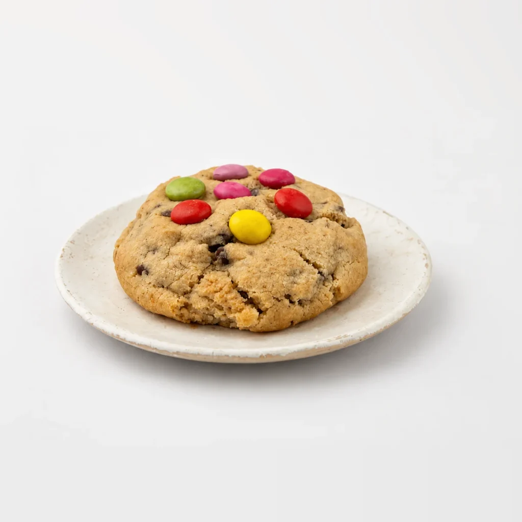 Smartie Cookie, whole on a plate