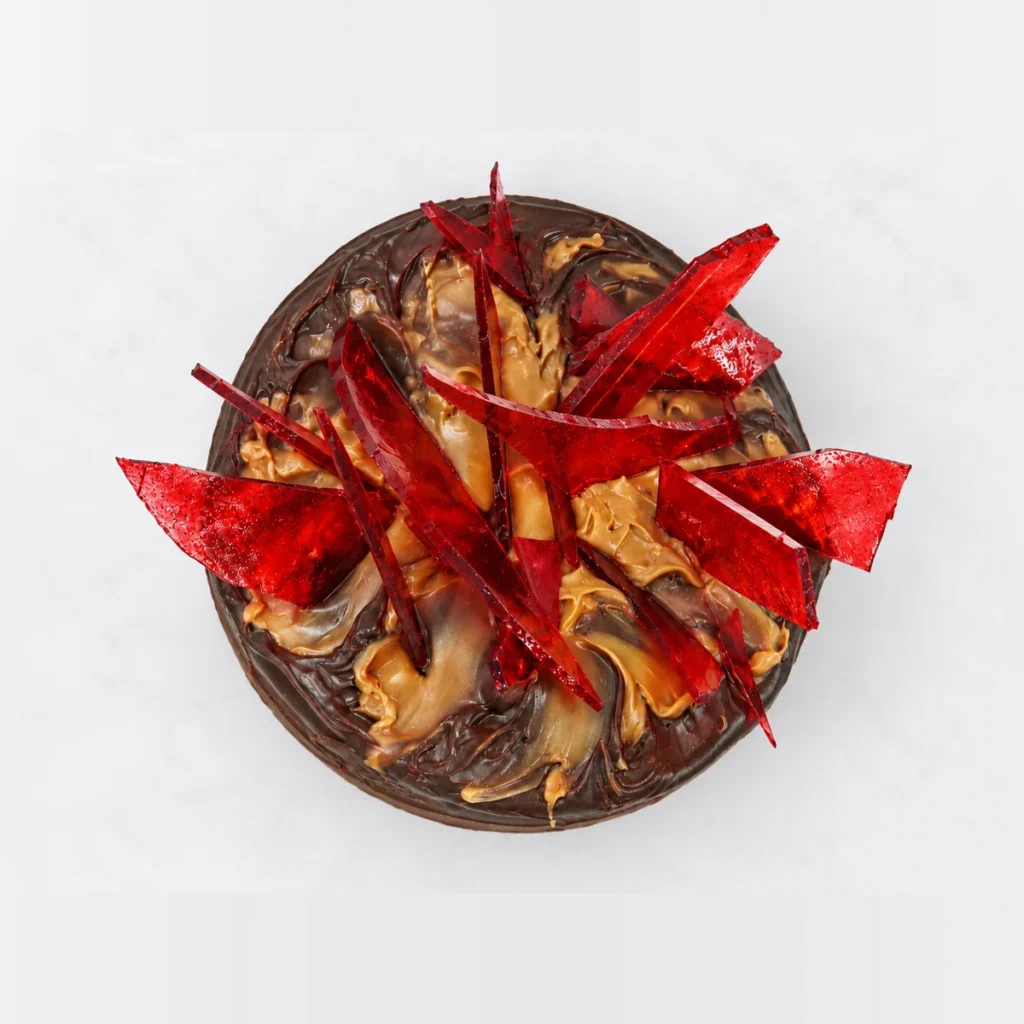 Toffee Mars cake from above: chocolate glaze with swirls of caramel and red toffee shards.