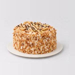 Side view of the banana and coconut cake with toasted coconut flakes around the sides.