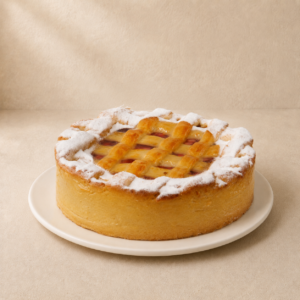 Apple and rhubarb tart with a golden lattice pastry top and a dusting of icing sugar.