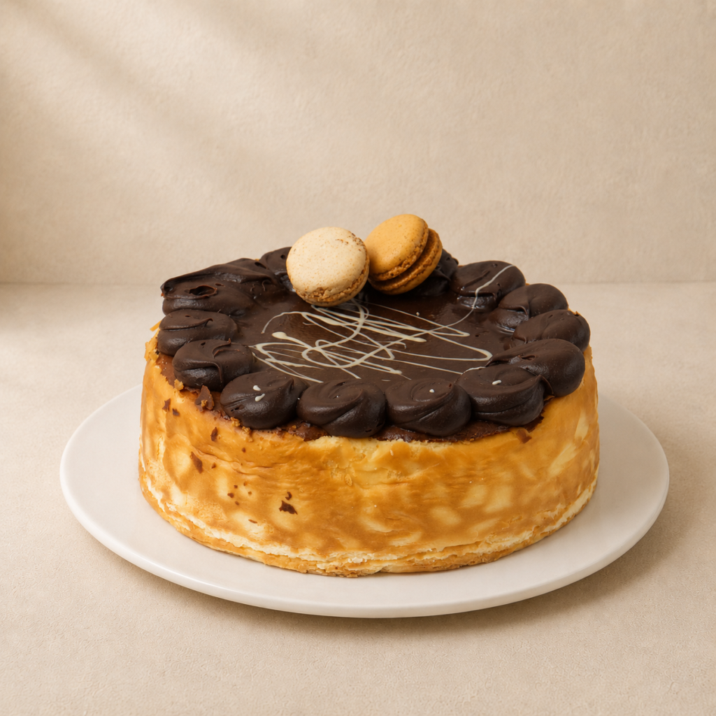 Bailey's Cheesecake topped with a ring of chocolate ganache rosettes and two macarons.