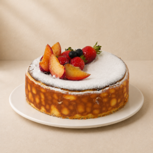 Baked cheesecake dusted with icing sugar and topped with fresh peach, strawberries and berries.