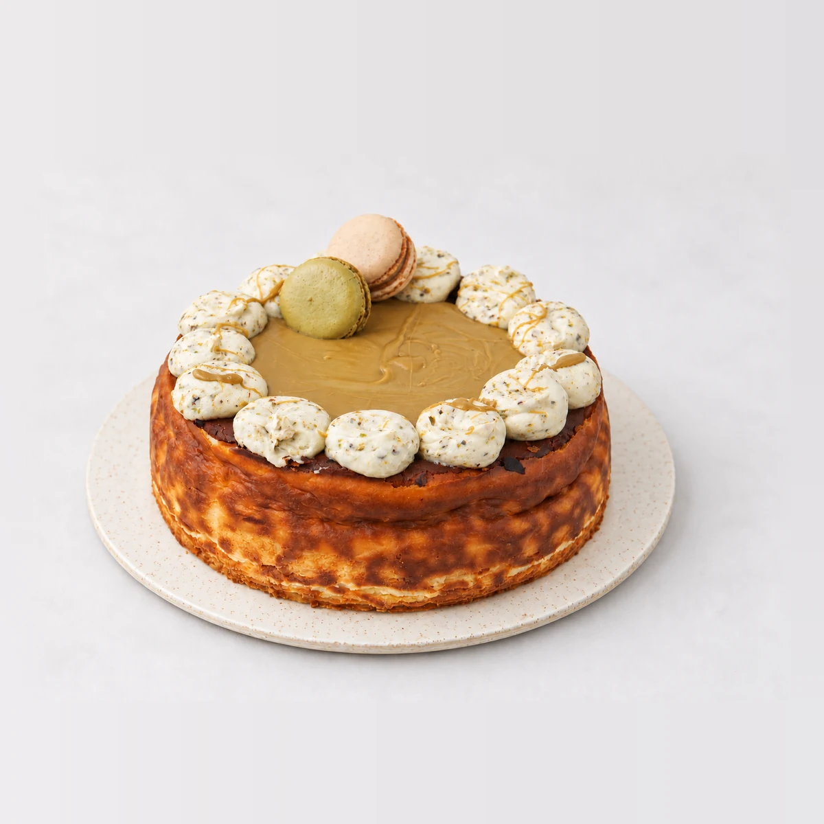 Pistachio Cheesecake, whole on a plate