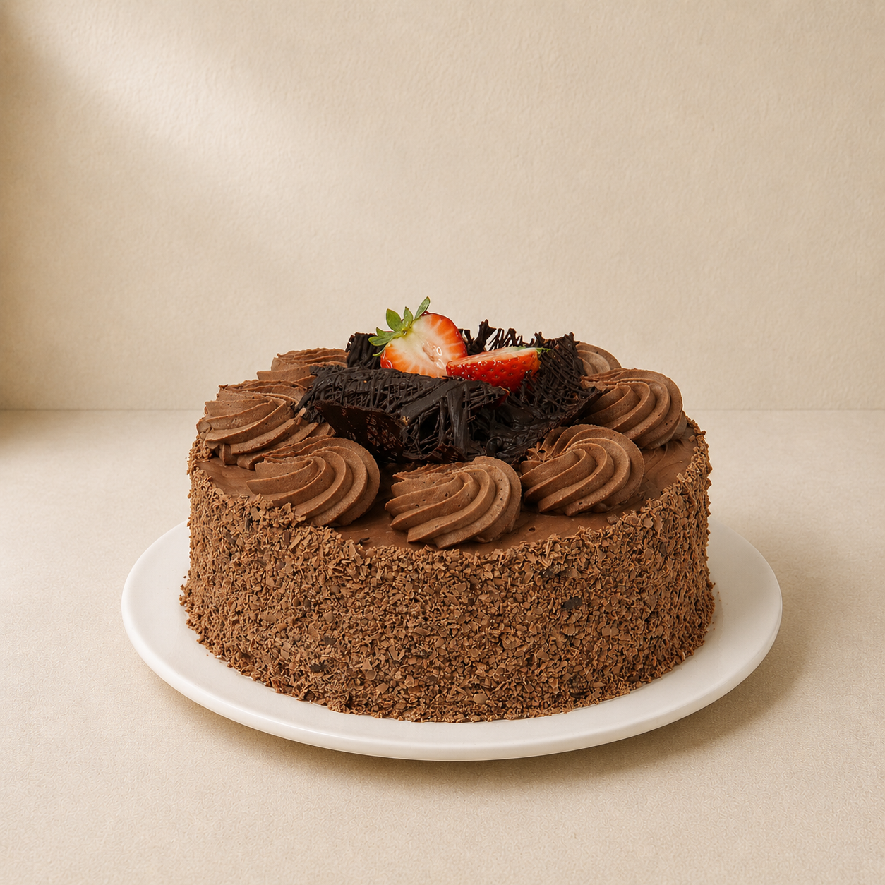 Chocolate mousse sponge cake with mousse rosettes, chocolate-crumb sides and a strawberry.