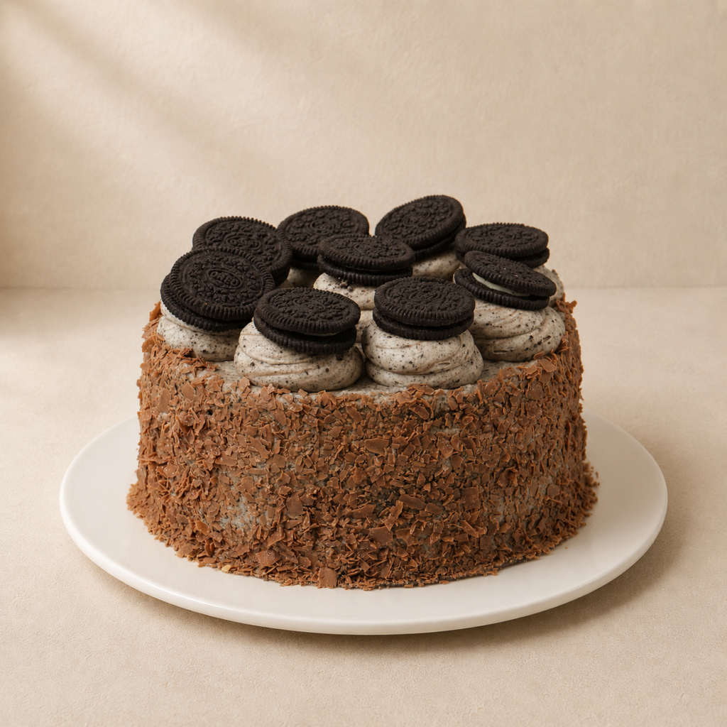 Chocolate Oreo Cake with a chocolate-crumb coating, cookies-and-cream swirls and whole Oreo cookies.
