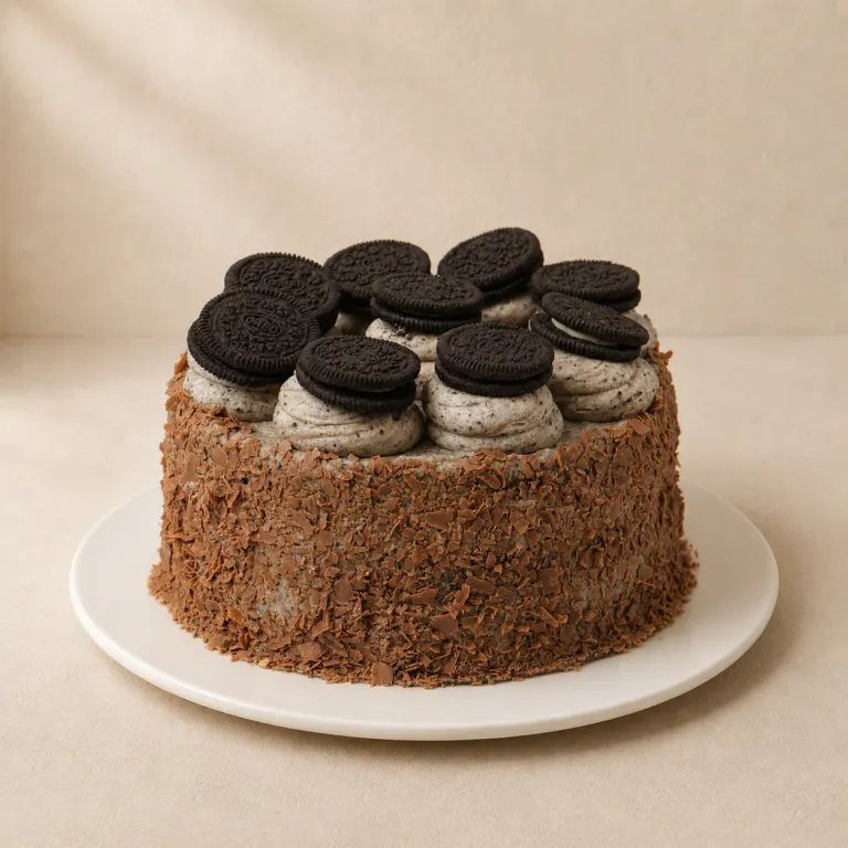 Chocolate Oreo Cake with a chocolate-crumb coating, cookies-and-cream swirls and whole Oreo cookies.