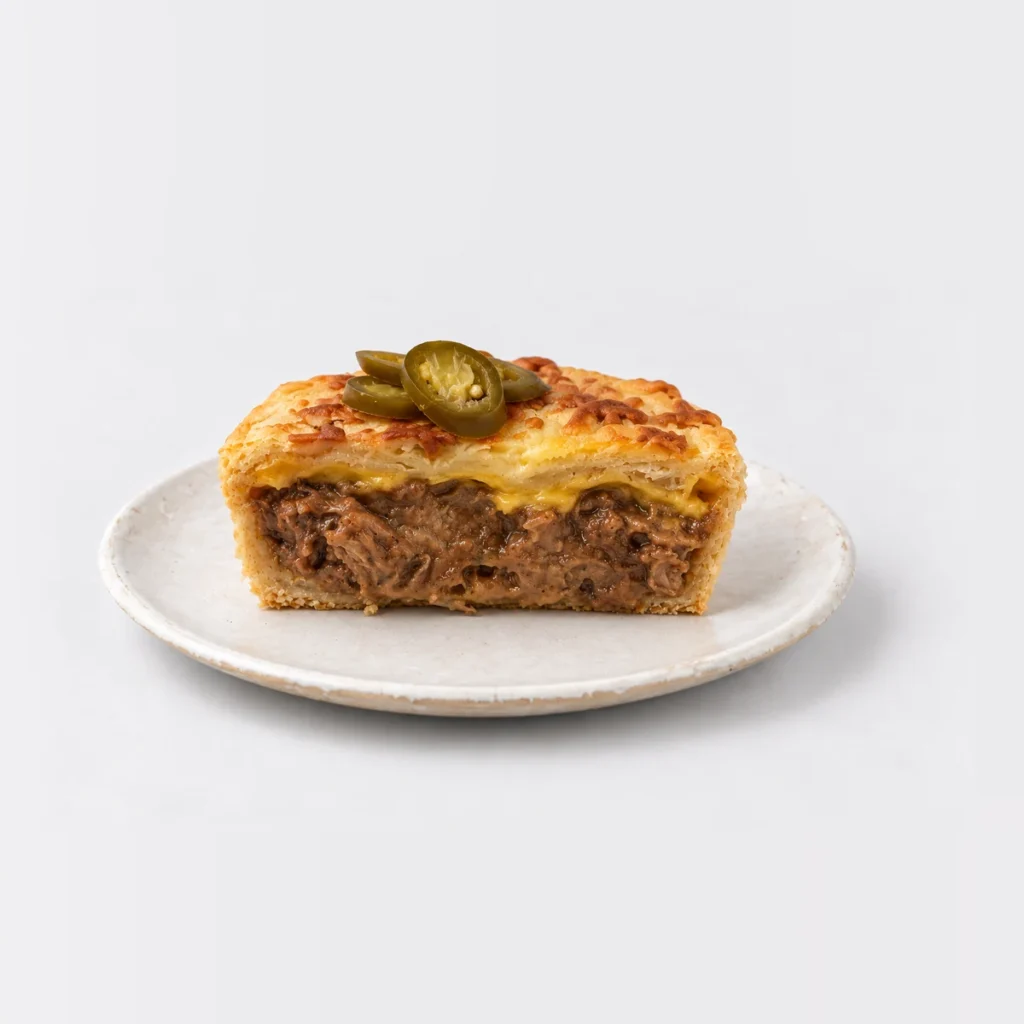 Chunky Beef, Jalapeño & Cheddar Cheese Pie, cut in half