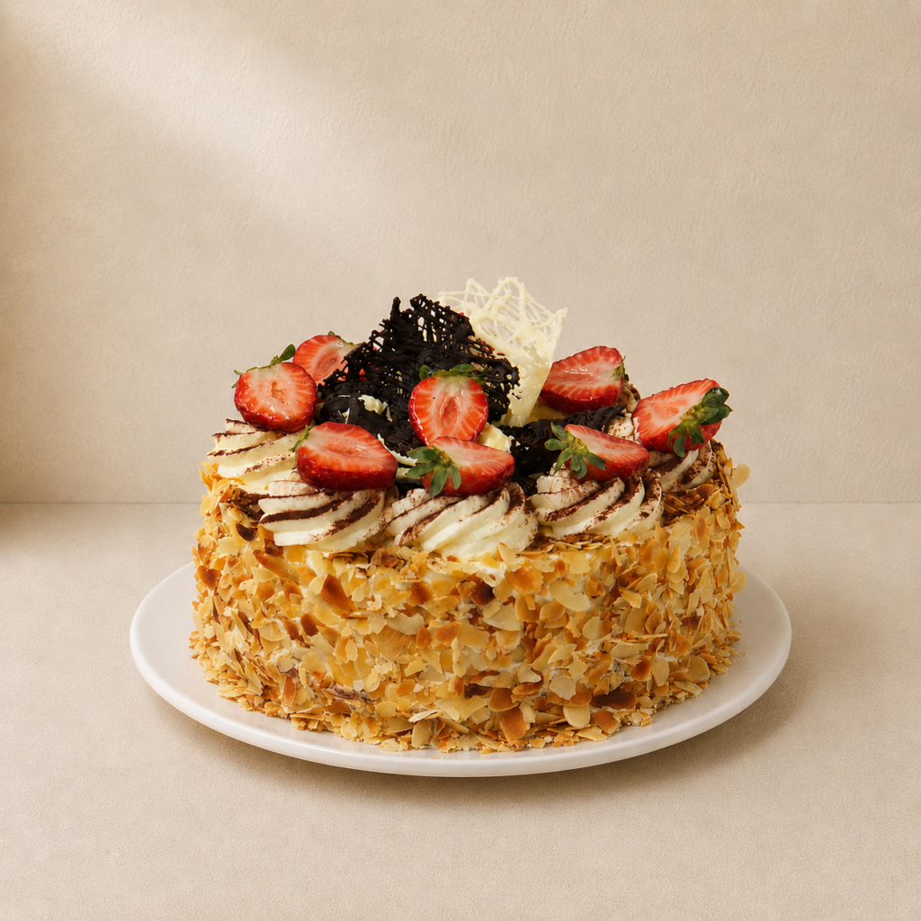 Continental cake coated in toasted flaked almonds and topped with cream, chocolate shards and strawberries.