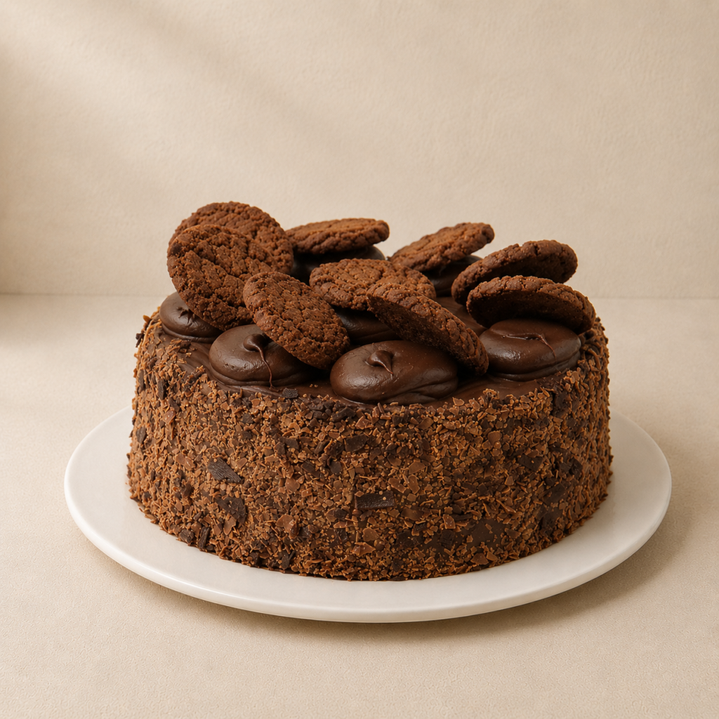 Cookies and Cream cake with a chocolate-cookie crumb coating, topped with ganache and chocolate cookies.